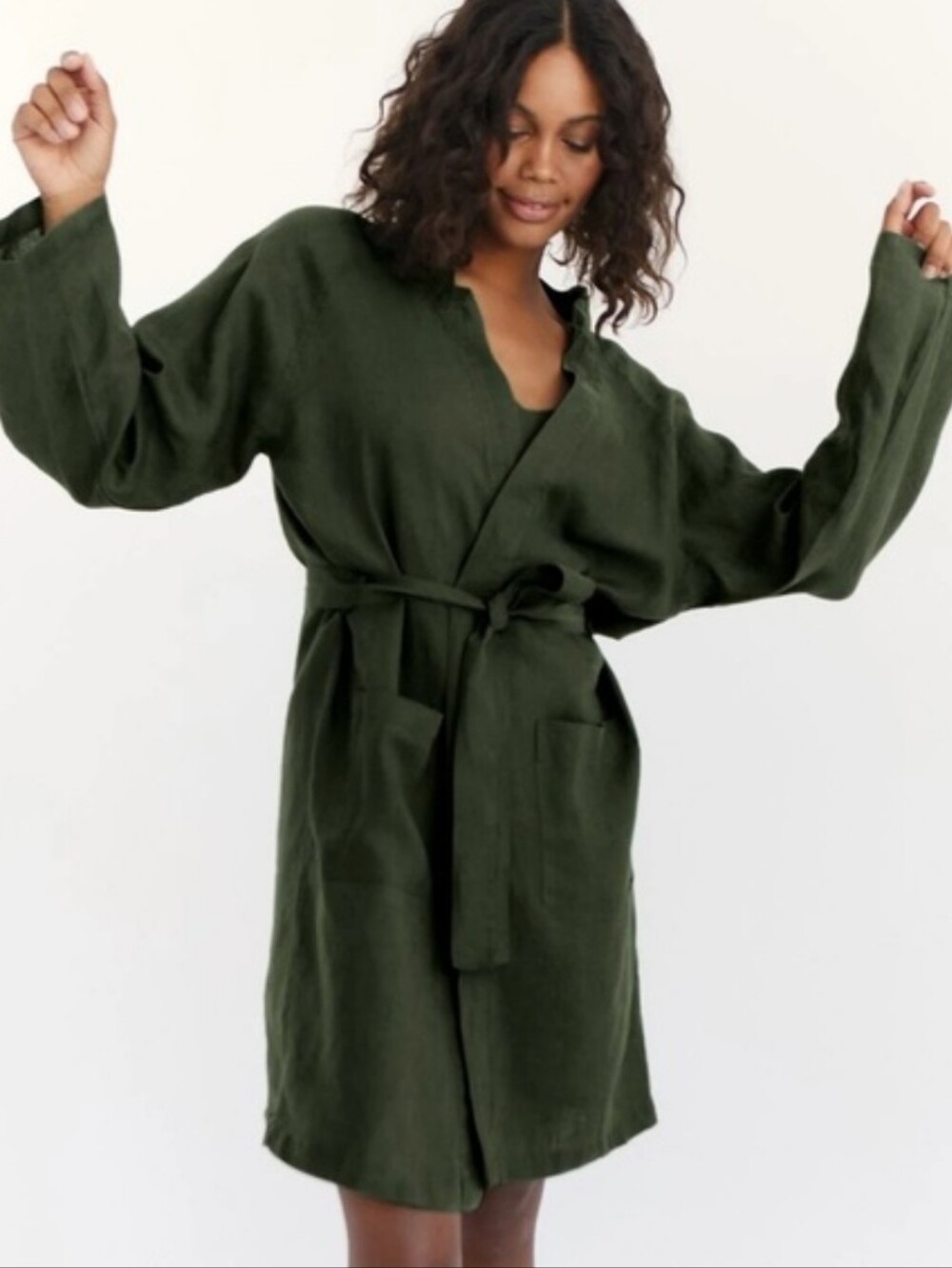 Bed Threads Robe 100% Linen Green Tie Waist + Pockets Adult One Size